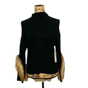Calligraphy Black Turtleneck Faux Fur Sleeve Top S